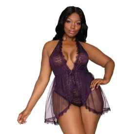 Dreamgirl Lingerie Halter Plunge Front Stretch Lace Teddy Eggplant 11513X