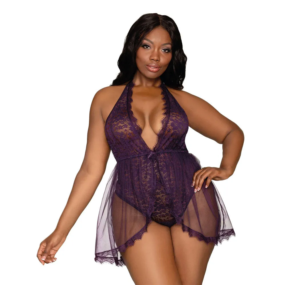 Dreamgirl Lingerie Halter Plunge Front Stretch Lace Teddy Eggplant 11513X