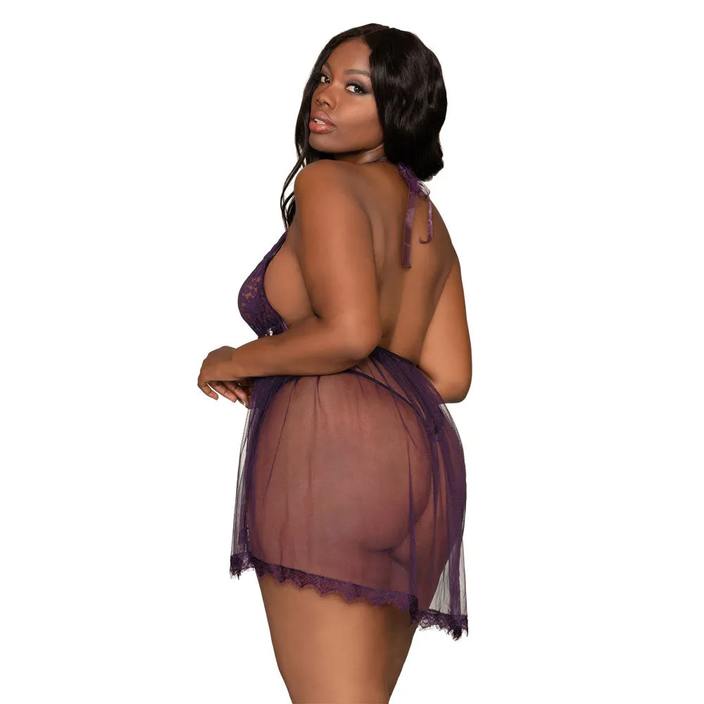 Dreamgirl Lingerie Halter Plunge Front Stretch Lace Teddy Eggplant 11513X