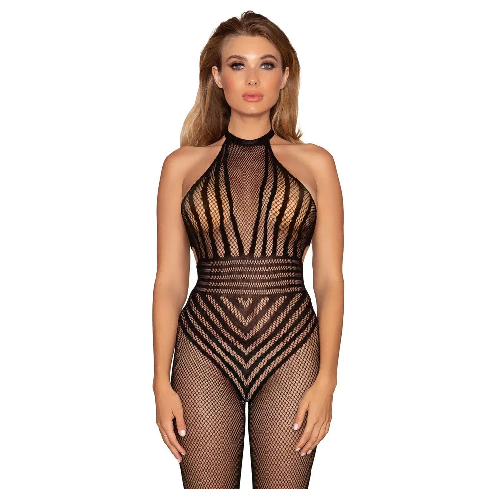 Black Dreamgirl Lingerie Fishnet Bodystocking with Open Crotch and Halter Neck Design - SKU 0402