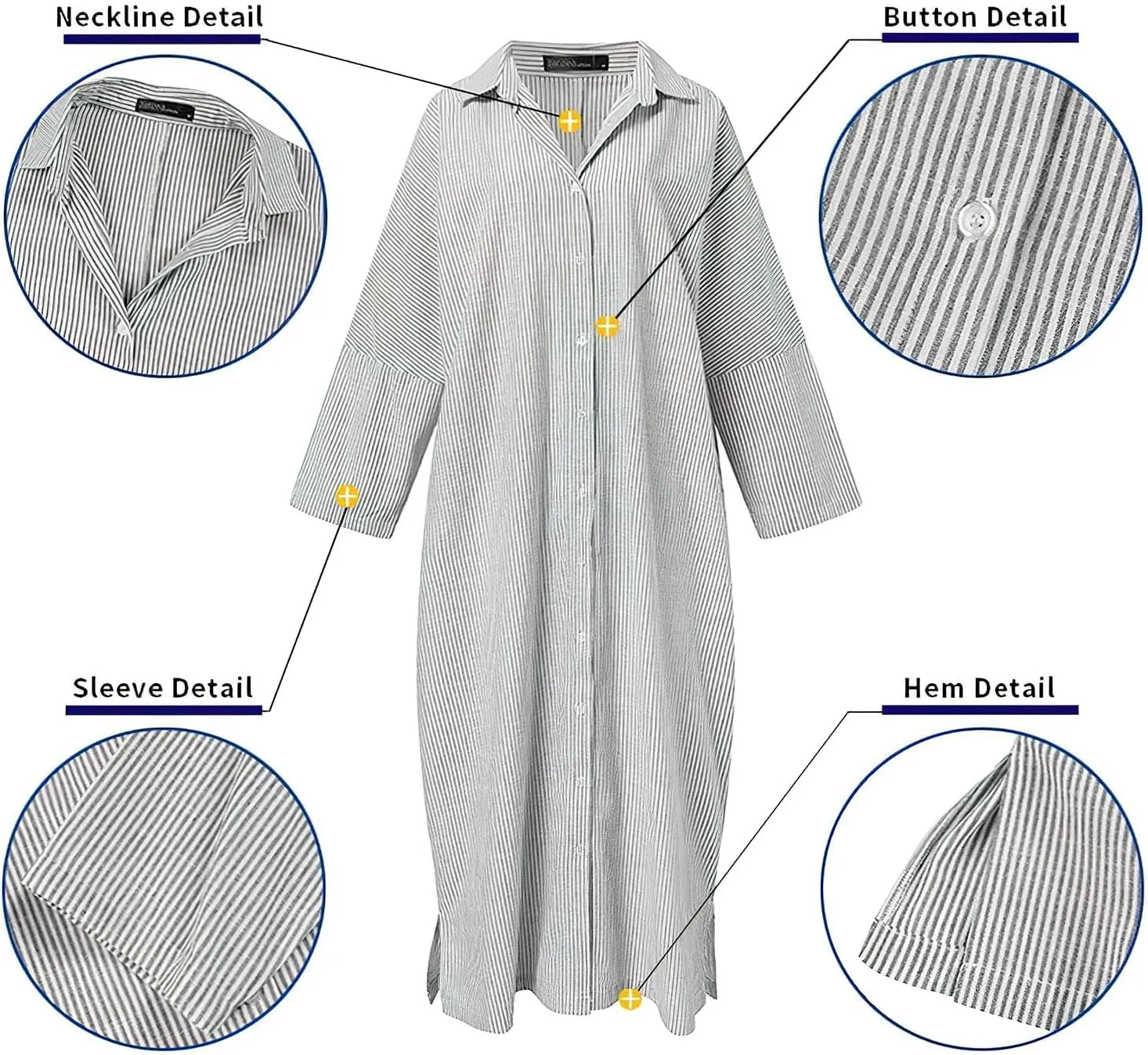 ebossy Women's Casual Stripes Buttoned Long Sleeve Oversized Loose Fit Maxi Shirt Dress Plus Size