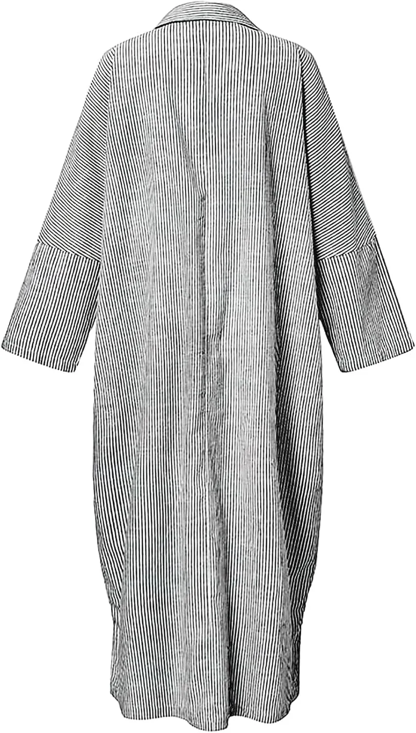 ebossy Women's Casual Stripes Buttoned Long Sleeve Oversized Loose Fit Maxi Shirt Dress Plus Size