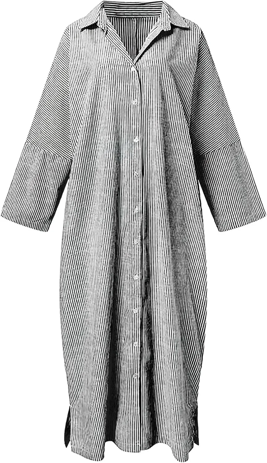 ebossy Women's Casual Stripes Buttoned Long Sleeve Oversized Loose Fit Maxi Shirt Dress Plus Size
