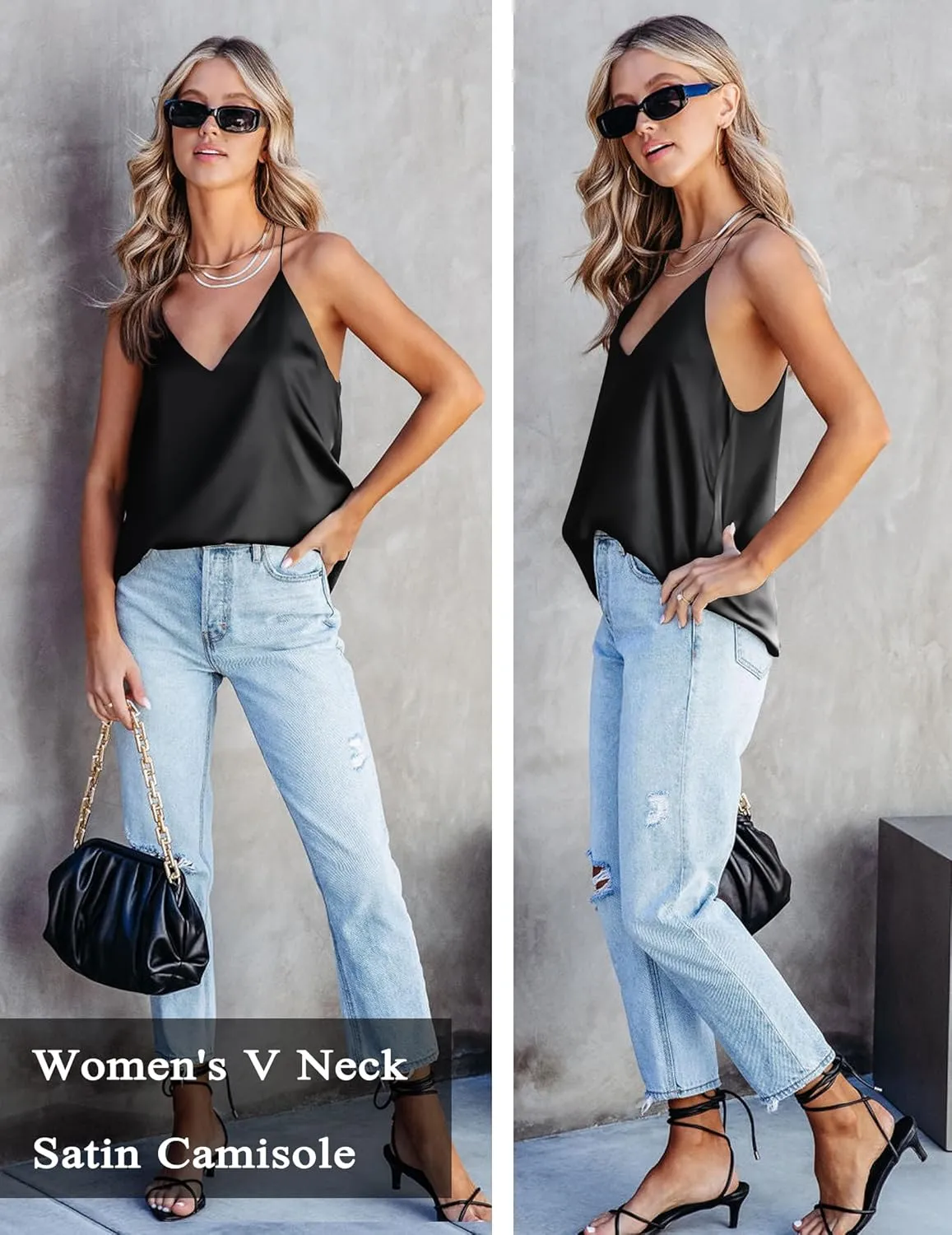 Ekouaer Womens Silk Satin Tank Tops V Neck Camisole Spaghetti Strap Top Summer Basic Blouse