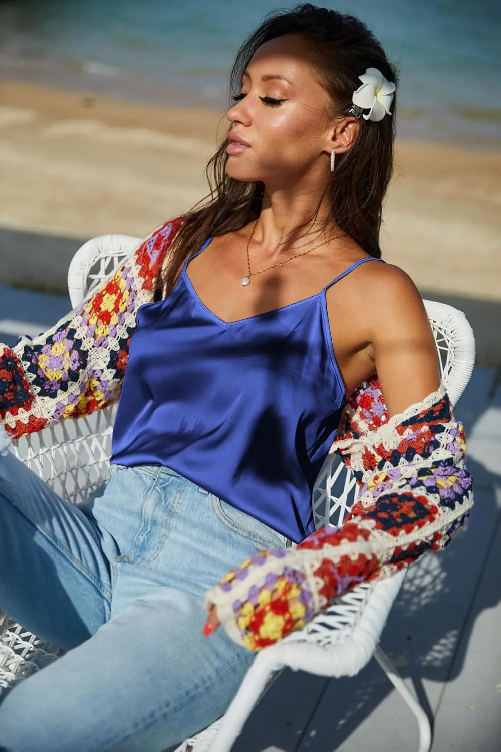 Ekouaer Womens Silk Satin Tank Tops V Neck Camisole Spaghetti Strap Top Summer Basic Blouse