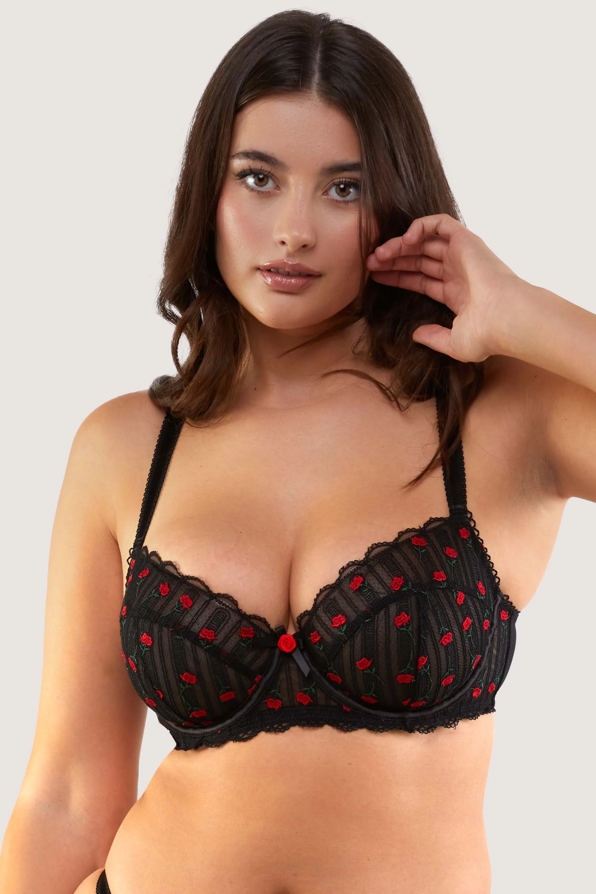 Elodie Balconette Bra with Elegant Black and Red Rosebud Embroidery