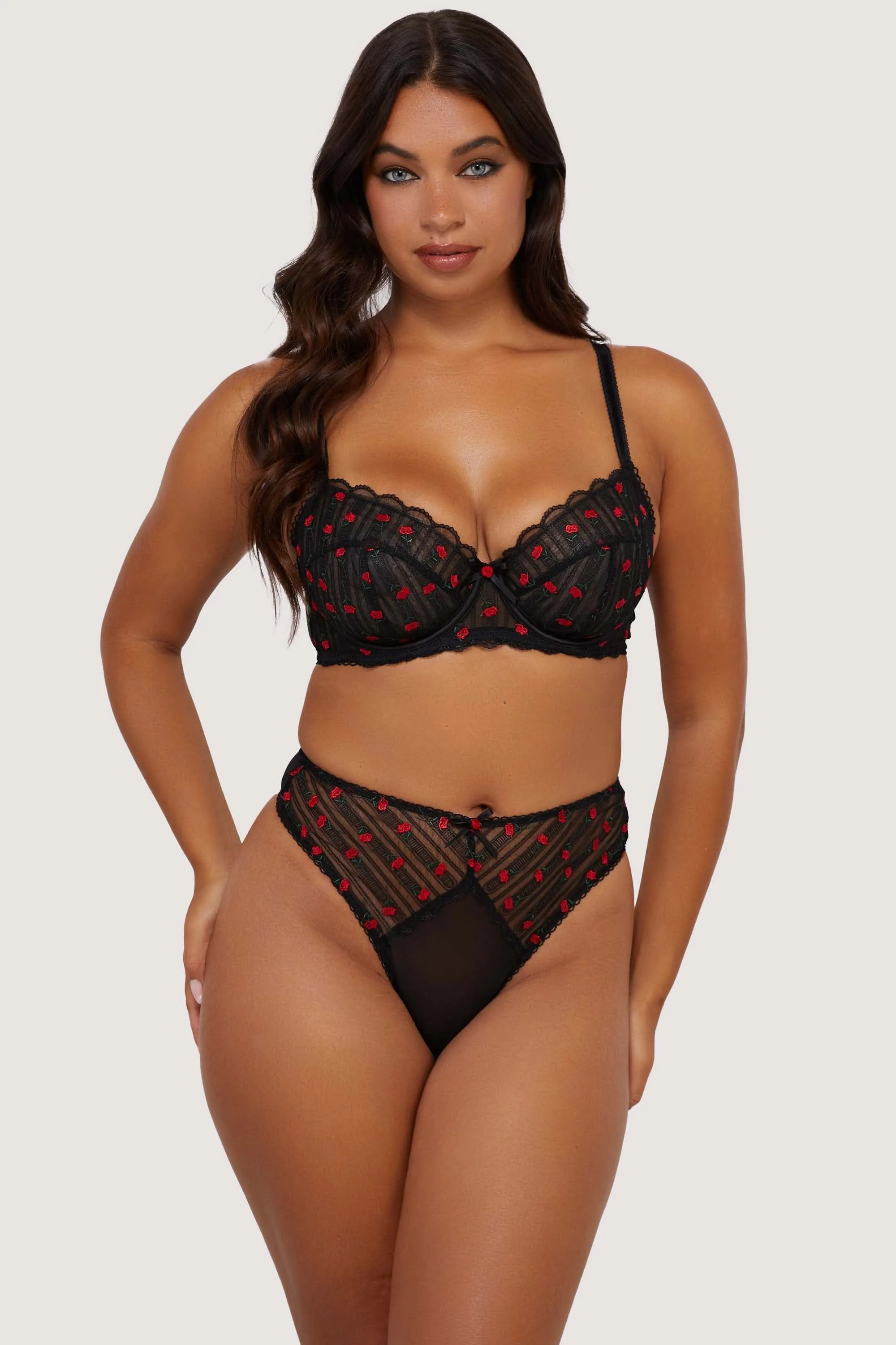 Elodie Balconette Bra with Elegant Black and Red Rosebud Embroidery
