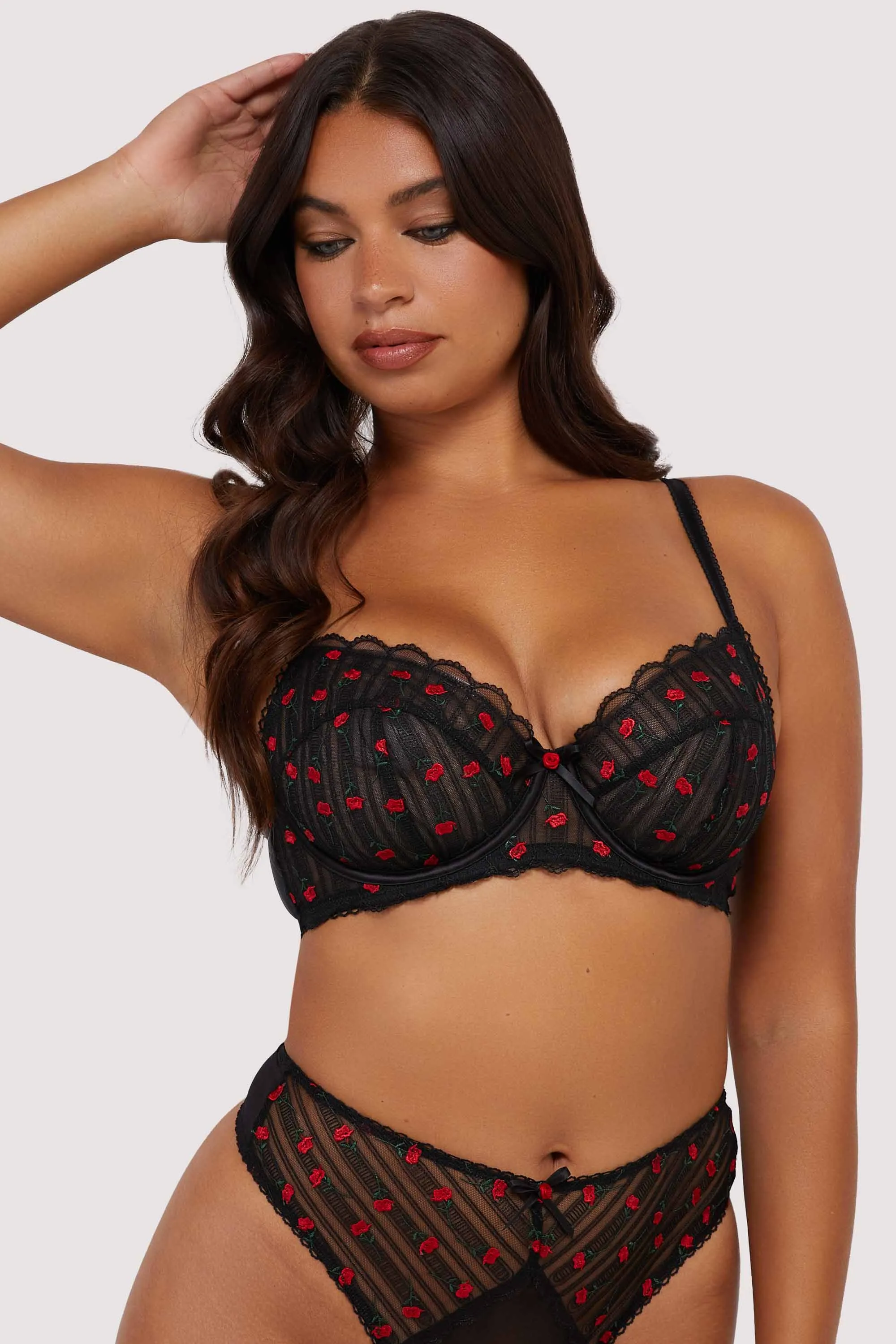 Elodie Balconette Bra with Elegant Black and Red Rosebud Embroidery