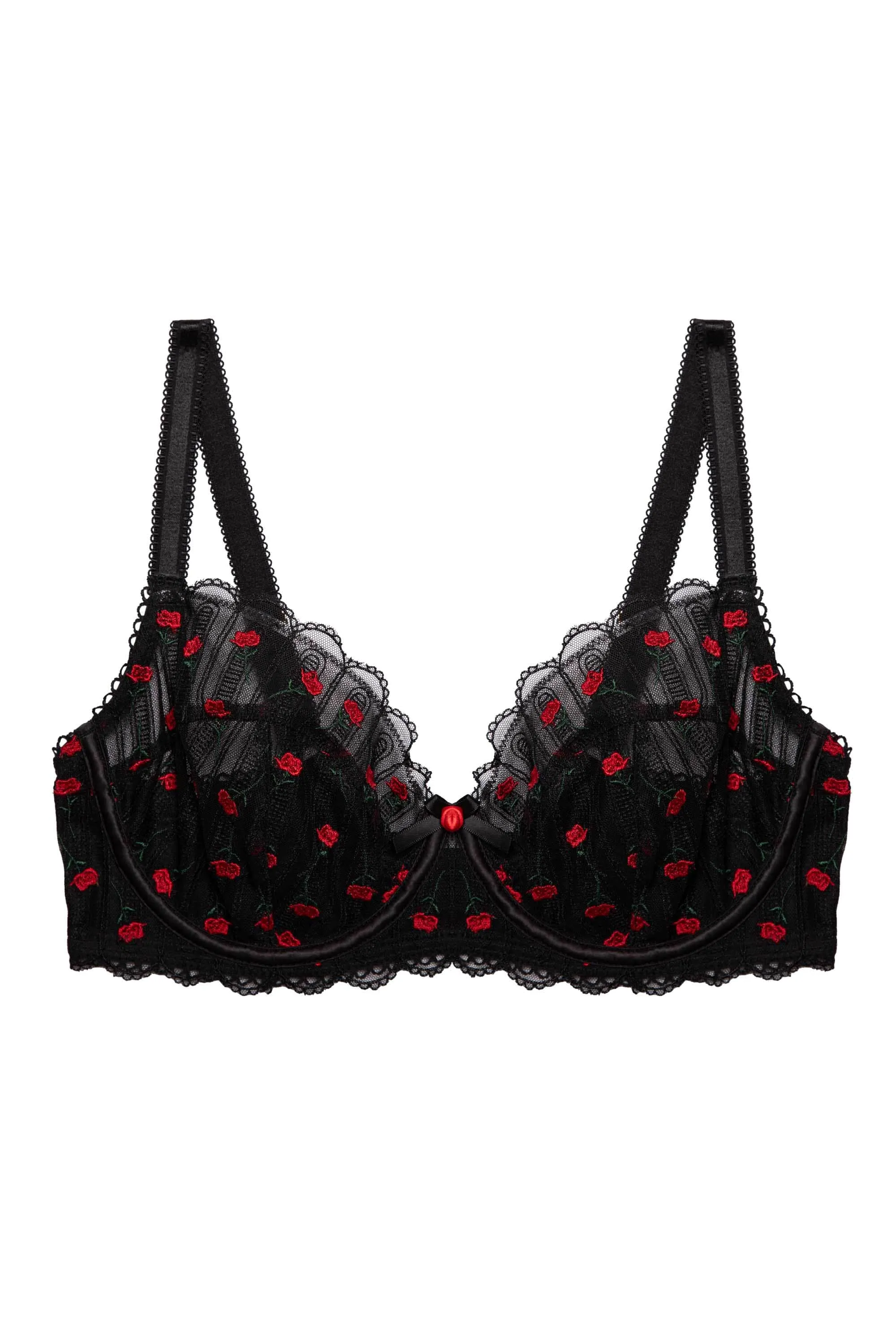 Elodie Balconette Bra with Elegant Black and Red Rosebud Embroidery