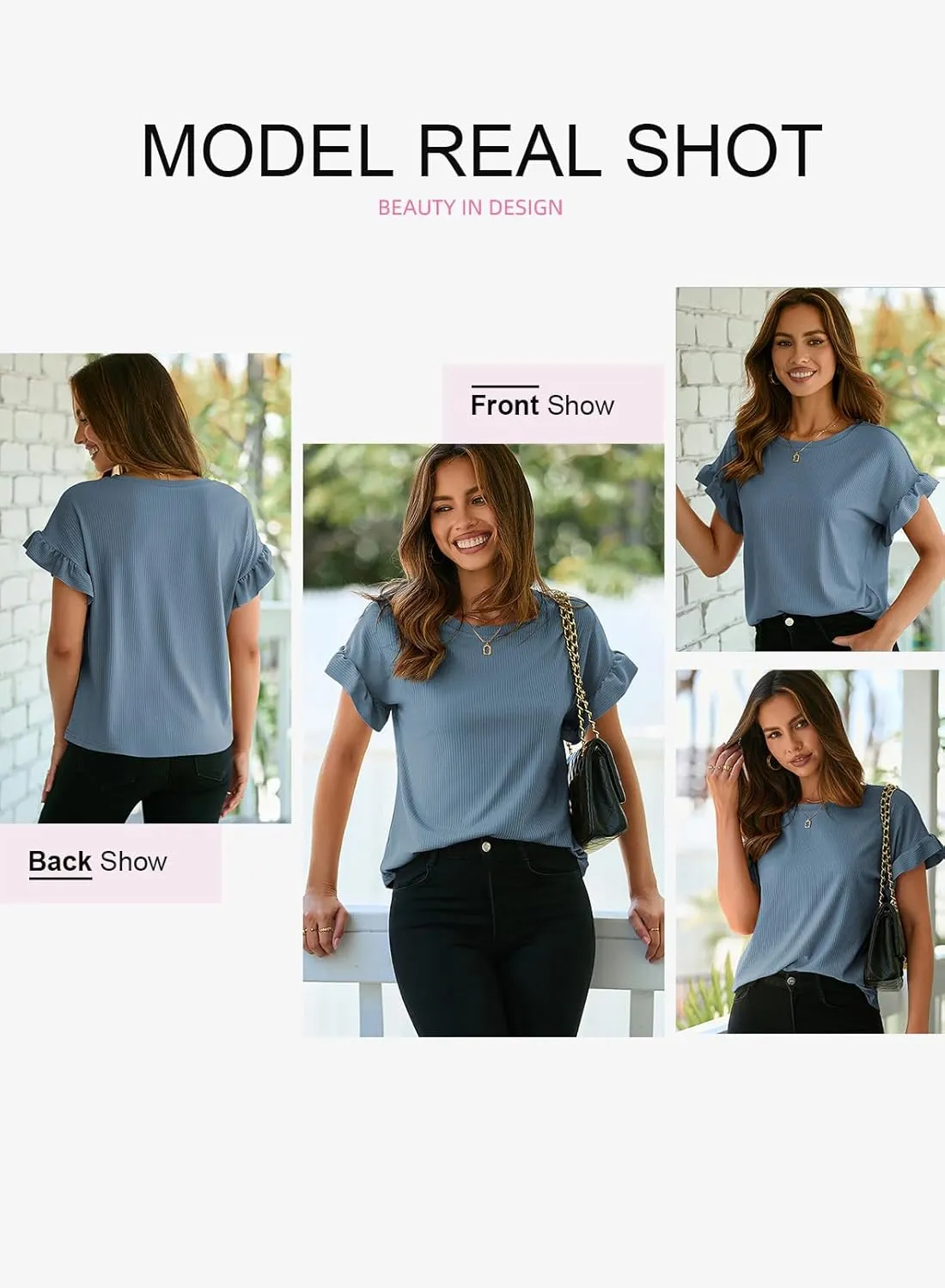 EVALESS Womens Summer Casual Short Sleeve Tops Ruffle Basic T Shirts Round Neck Solid Knit Loose Fit Tee Blouses