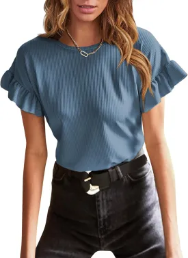 EVALESS Womens Summer Casual Short Sleeve Tops Ruffle Basic T Shirts Round Neck Solid Knit Loose Fit Tee Blouses