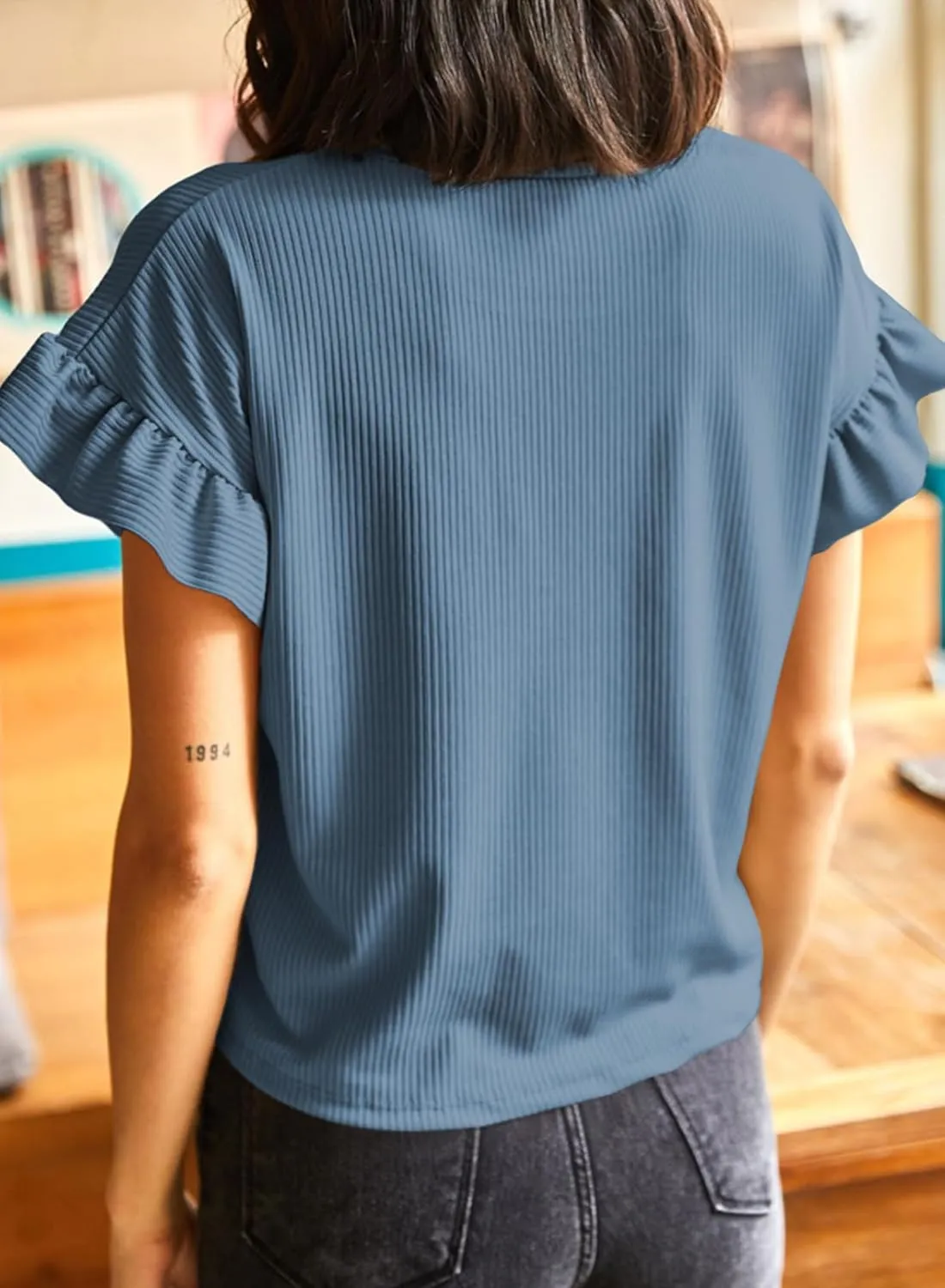 EVALESS Womens Summer Casual Short Sleeve Tops Ruffle Basic T Shirts Round Neck Solid Knit Loose Fit Tee Blouses