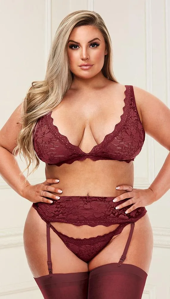 Flirty Lace Bralette, Lace Garter Skirt & Matching G-String Set