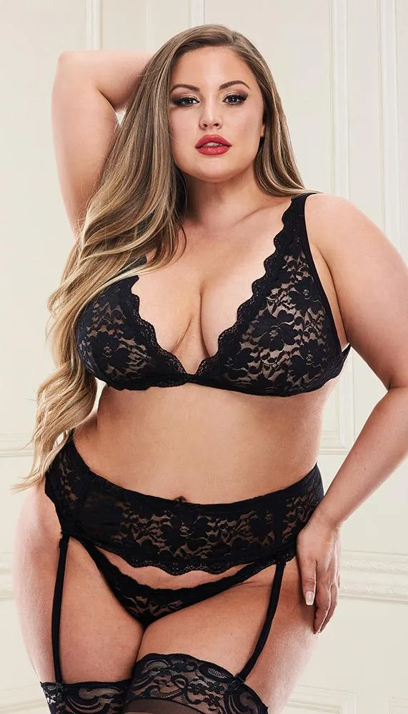 Flirty Lace Bralette, Lace Garter Skirt & Matching G-String Set