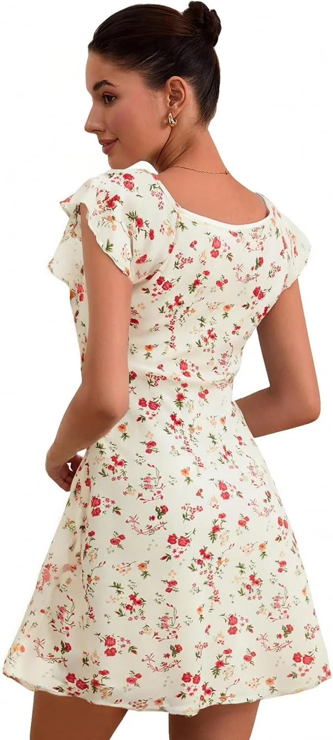 Floerns Women's Floral Print Cap Sleeve Dress Square Neck Tie Front Summer A Line Cute Mini Dresses