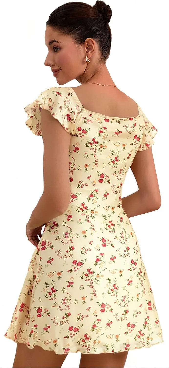 Floerns Women's Floral Print Cap Sleeve Dress Square Neck Tie Front Summer A Line Cute Mini Dresses