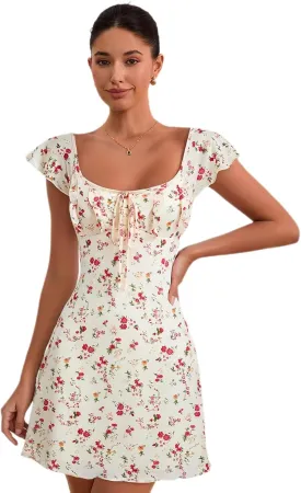 Floerns Women's Floral Print Cap Sleeve Dress Square Neck Tie Front Summer A Line Cute Mini Dresses