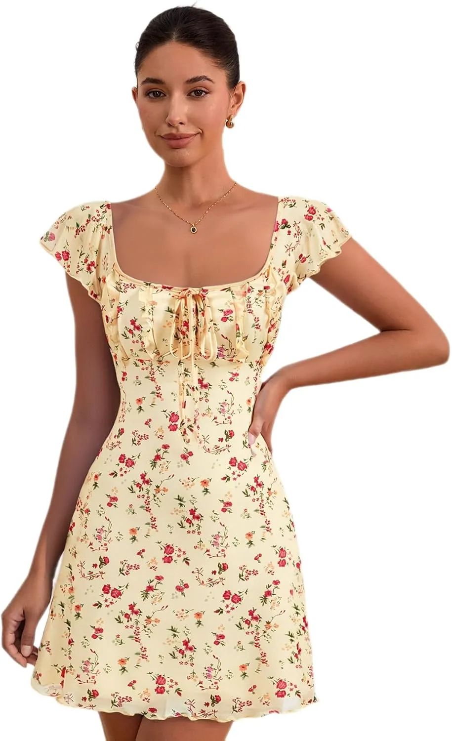 Floerns Women's Floral Print Cap Sleeve Dress Square Neck Tie Front Summer A Line Cute Mini Dresses