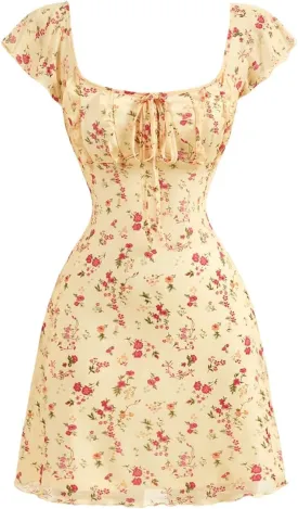 Floerns Women's Floral Print Cap Sleeve Dress Square Neck Tie Front Summer A Line Cute Mini Dresses