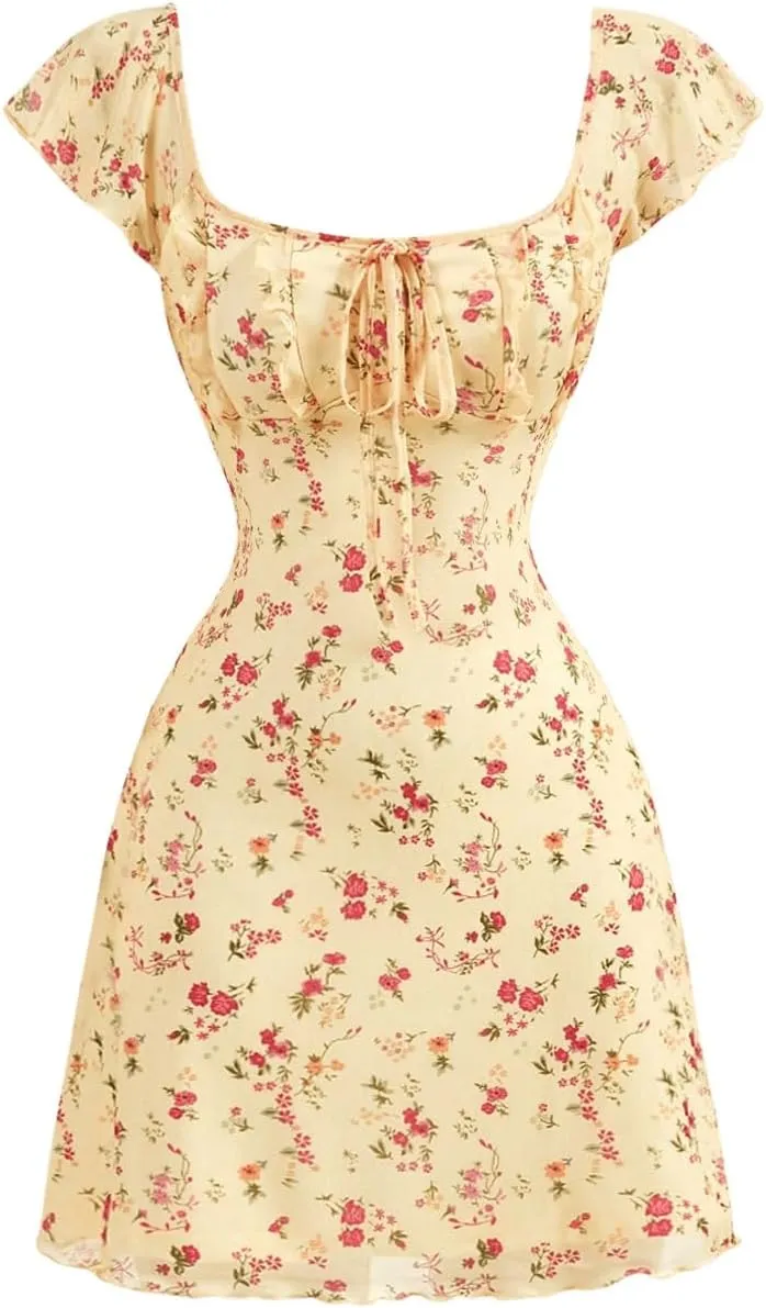 Floerns Women's Floral Print Cap Sleeve Dress Square Neck Tie Front Summer A Line Cute Mini Dresses