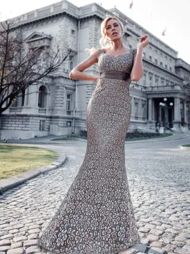Floor Length Fishtail Evening Party Dresses for Women with Cap Sleeve