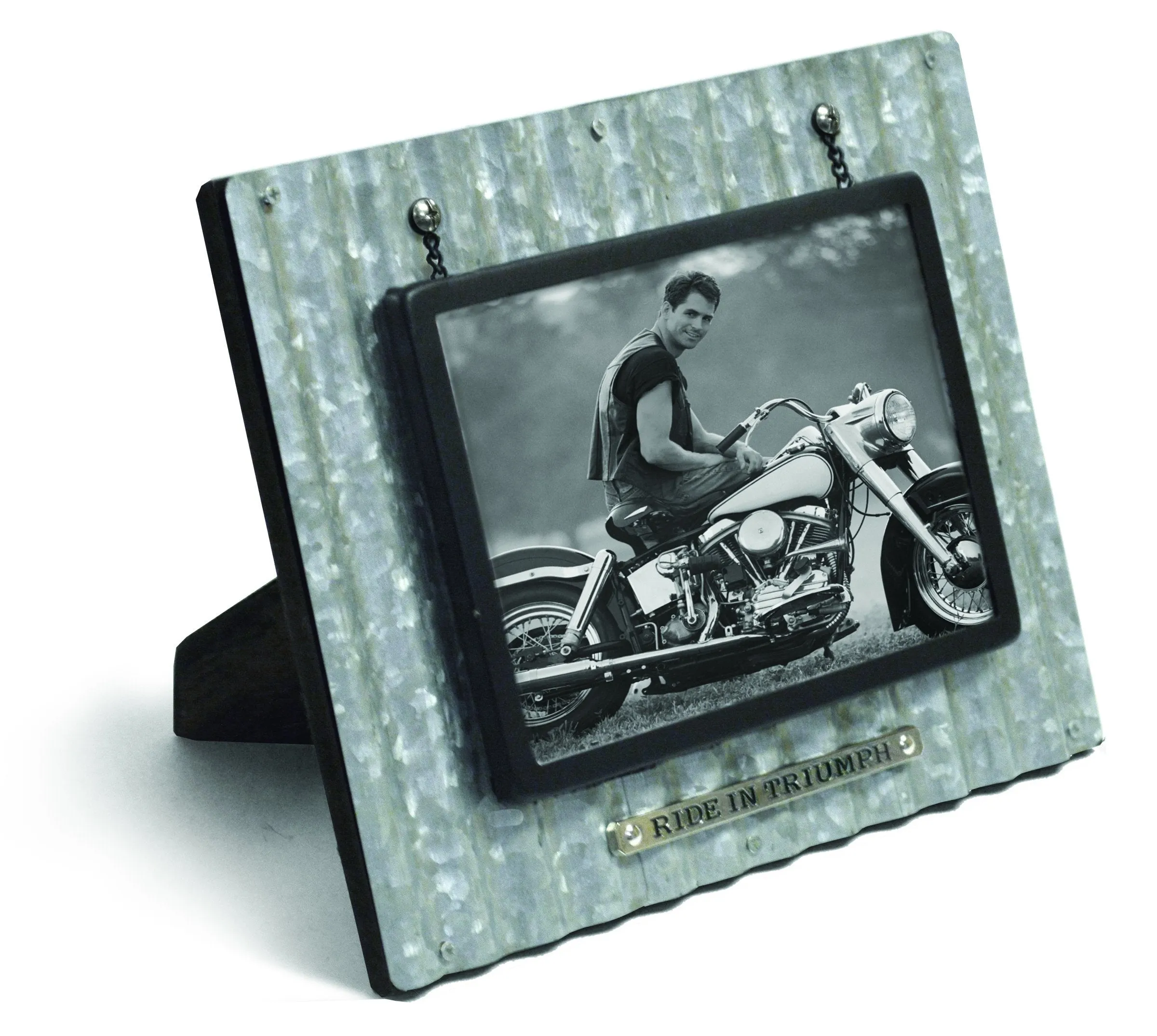 God's Garage: Ride in Triumph Corrugated Metal Photo Frame