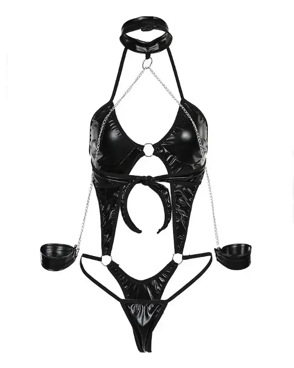 Gothic Style | One Piece With Cuffs | O-Ring Chain Strap | Backless | Faux Leather