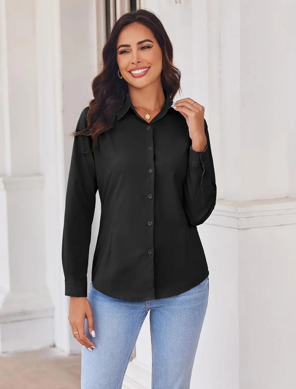 HOTOUCH Womens Button Down Shirts Long Sleeve Dress Shirt Slim Fit Collared Tops Casual Work Office Blouse S-XXL