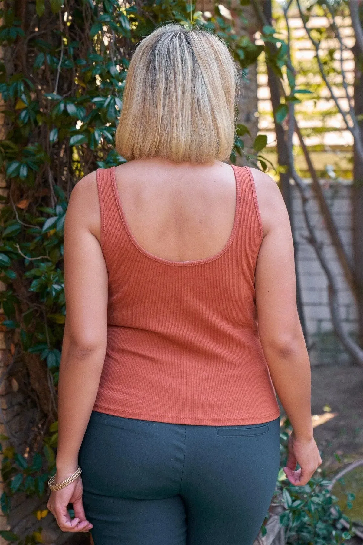 Junior Plus Terracotta Sleeveless Round Neck With Split Detail Ribbed Top /1-2-1
