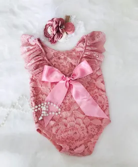 Kryssi Kouture Dusty Rose Lace Scoop Back With Bow Romper Set
