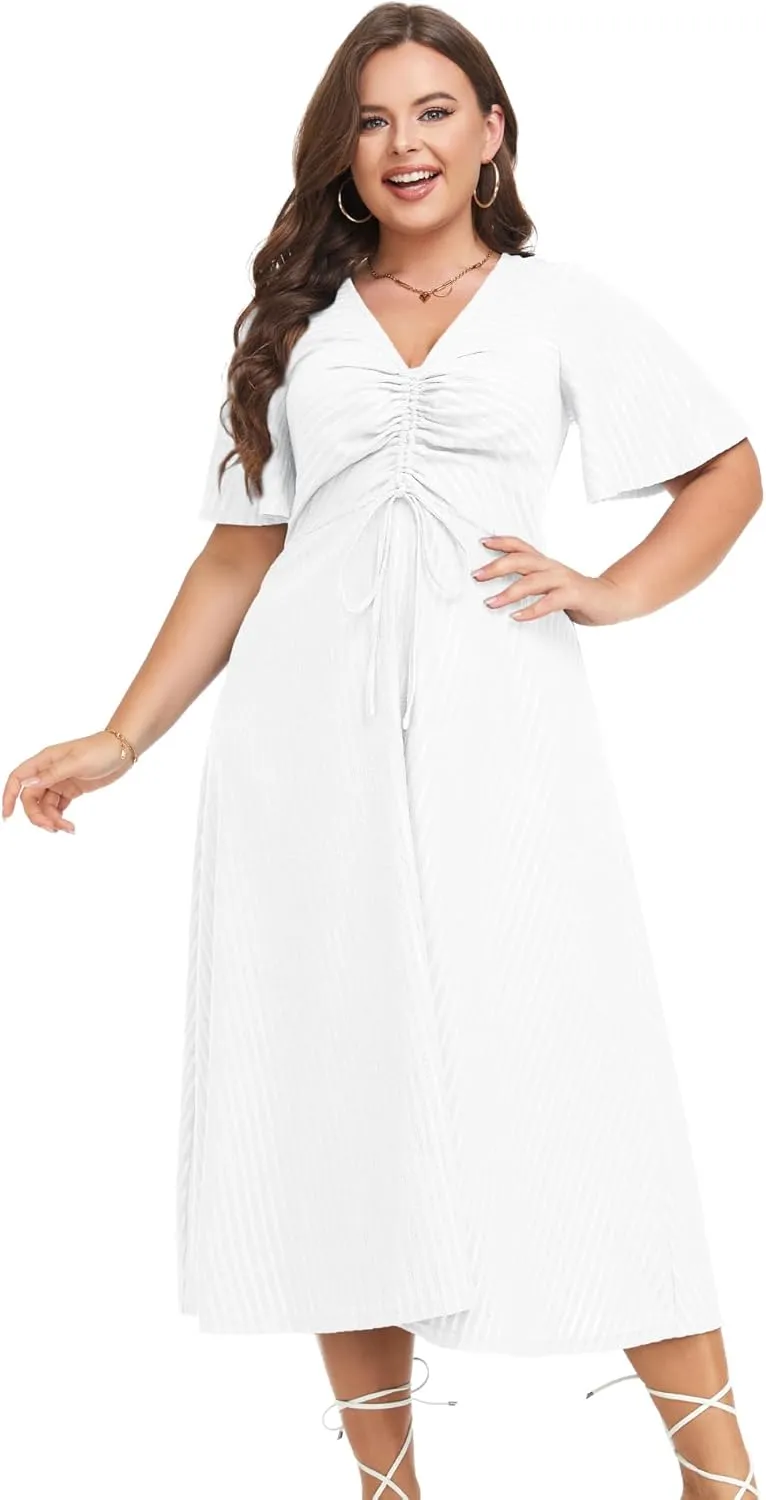 LALAGEN Womens Plus Size Boho Summer Midi Dress 2024 Flutter Short Sleeve Drawstring V Neck Flowy Beach Long Dress 1X-6X