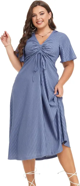 LALAGEN Womens Plus Size Boho Summer Midi Dress 2024 Flutter Short Sleeve Drawstring V Neck Flowy Beach Long Dress 1X-6X