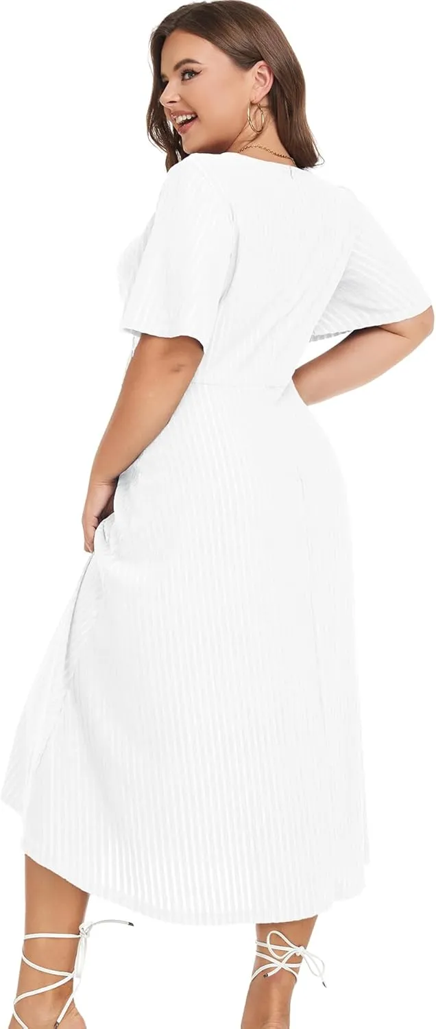 LALAGEN Womens Plus Size Boho Summer Midi Dress 2024 Flutter Short Sleeve Drawstring V Neck Flowy Beach Long Dress 1X-6X