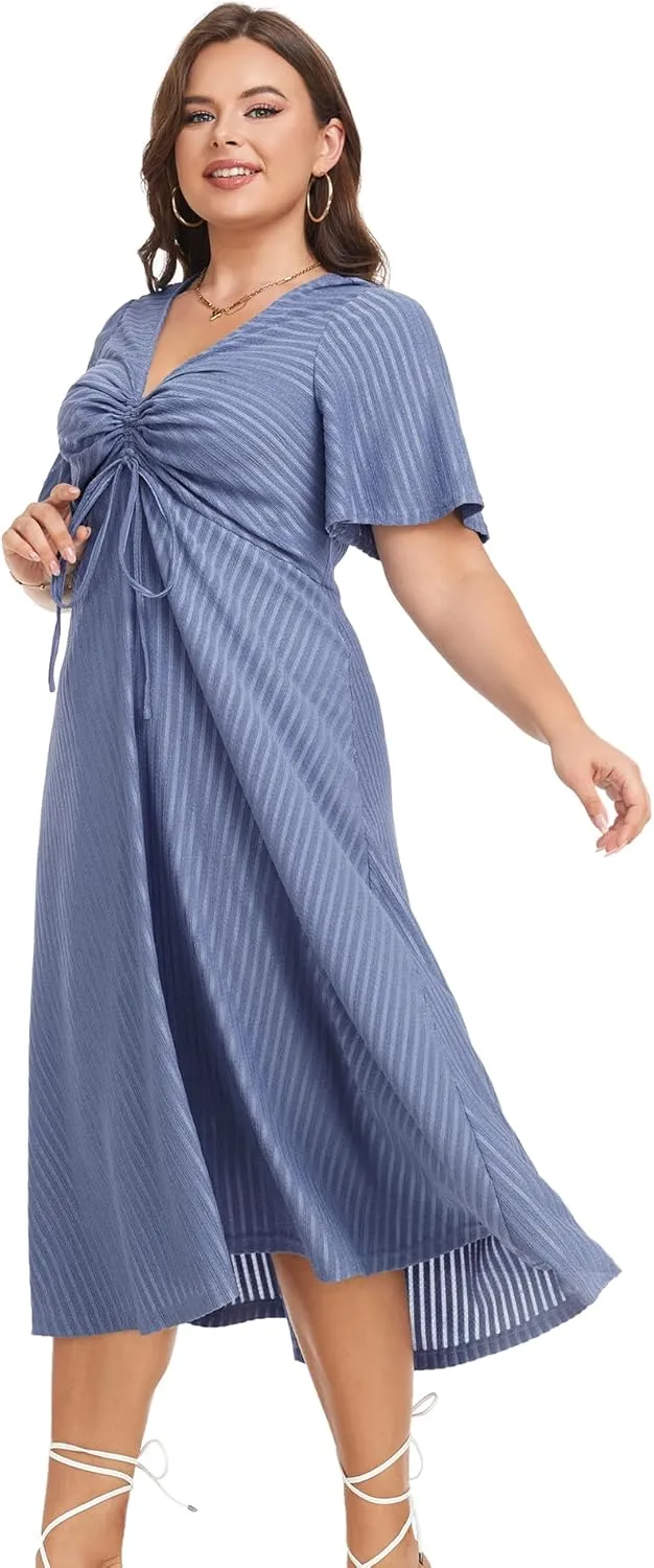 LALAGEN Womens Plus Size Boho Summer Midi Dress 2024 Flutter Short Sleeve Drawstring V Neck Flowy Beach Long Dress 1X-6X