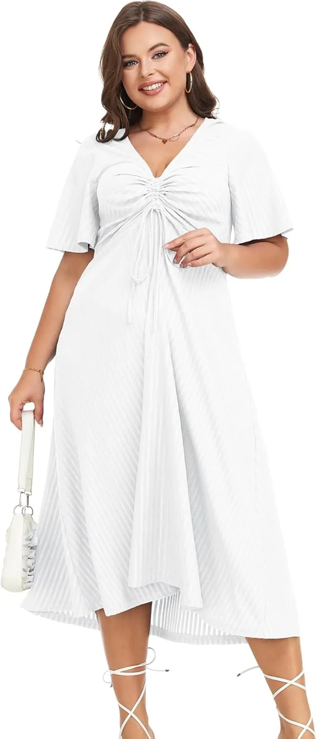 LALAGEN Womens Plus Size Boho Summer Midi Dress 2024 Flutter Short Sleeve Drawstring V Neck Flowy Beach Long Dress 1X-6X