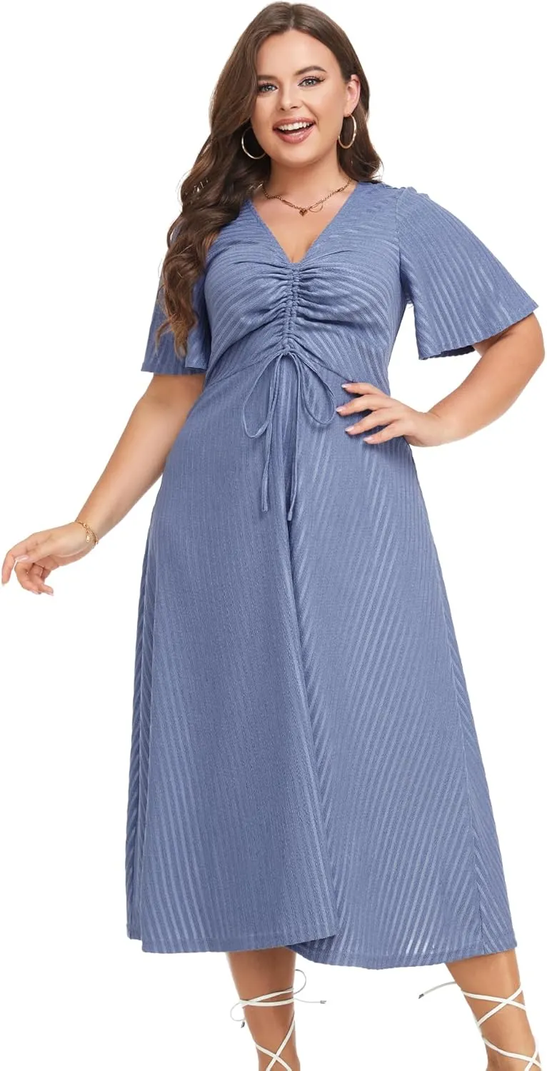 LALAGEN Womens Plus Size Boho Summer Midi Dress 2024 Flutter Short Sleeve Drawstring V Neck Flowy Beach Long Dress 1X-6X