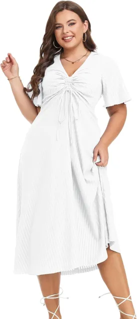 LALAGEN Womens Plus Size Boho Summer Midi Dress 2024 Flutter Short Sleeve Drawstring V Neck Flowy Beach Long Dress 1X-6X