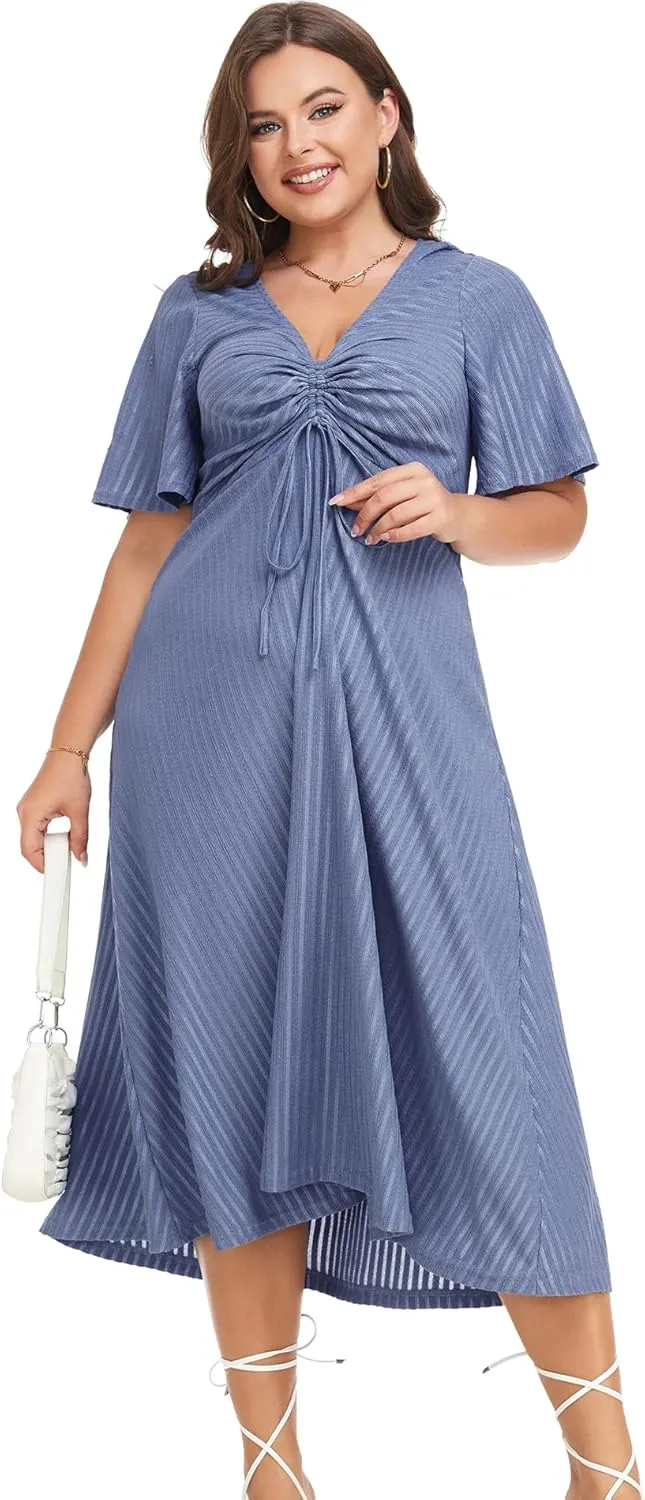 LALAGEN Womens Plus Size Boho Summer Midi Dress 2024 Flutter Short Sleeve Drawstring V Neck Flowy Beach Long Dress 1X-6X