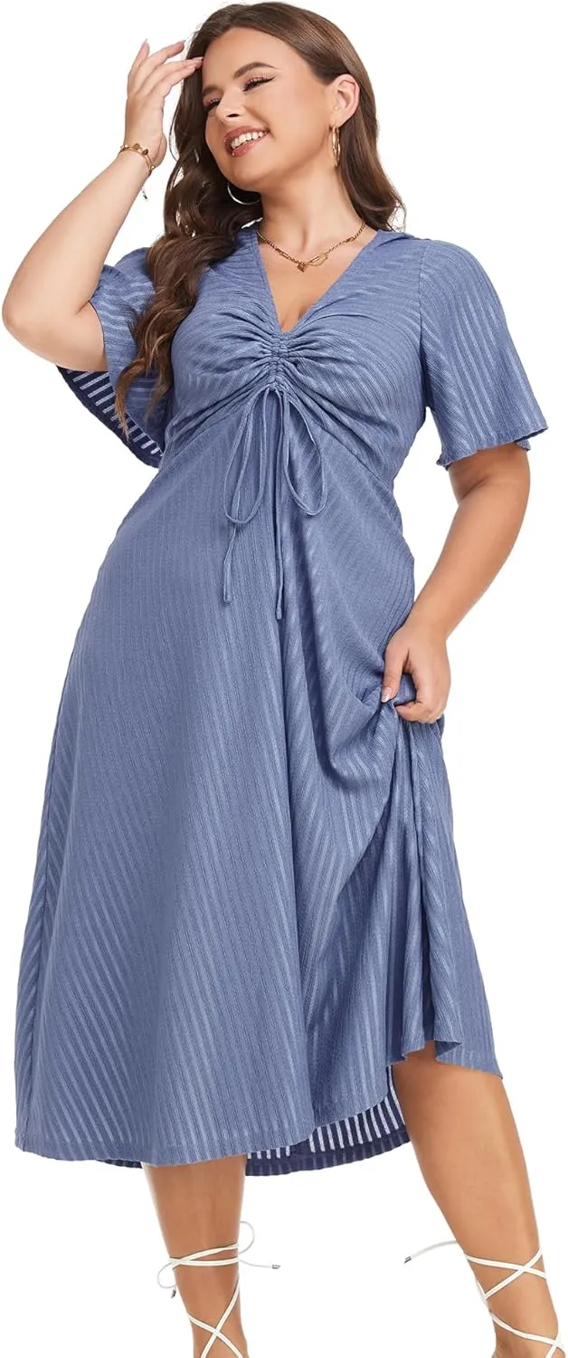 LALAGEN Womens Plus Size Boho Summer Midi Dress 2024 Flutter Short Sleeve Drawstring V Neck Flowy Beach Long Dress 1X-6X