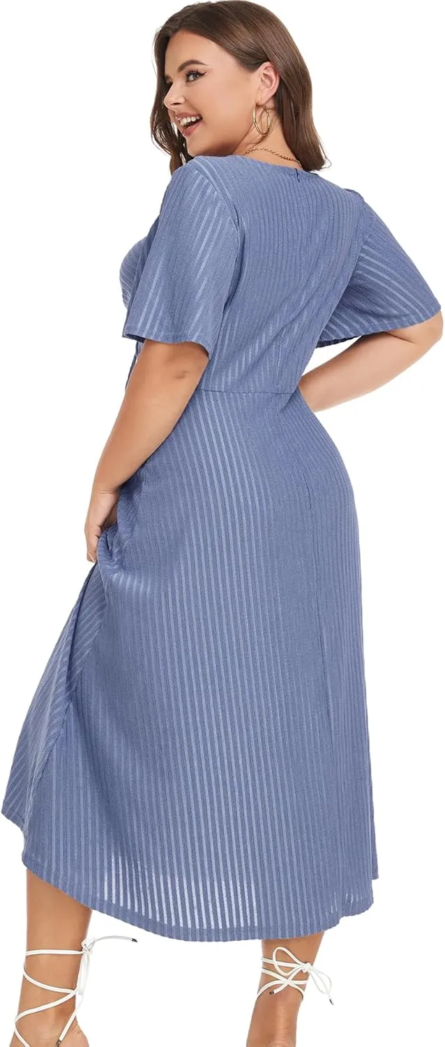 LALAGEN Womens Plus Size Boho Summer Midi Dress 2024 Flutter Short Sleeve Drawstring V Neck Flowy Beach Long Dress 1X-6X