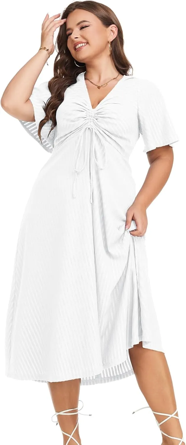 LALAGEN Womens Plus Size Boho Summer Midi Dress 2024 Flutter Short Sleeve Drawstring V Neck Flowy Beach Long Dress 1X-6X