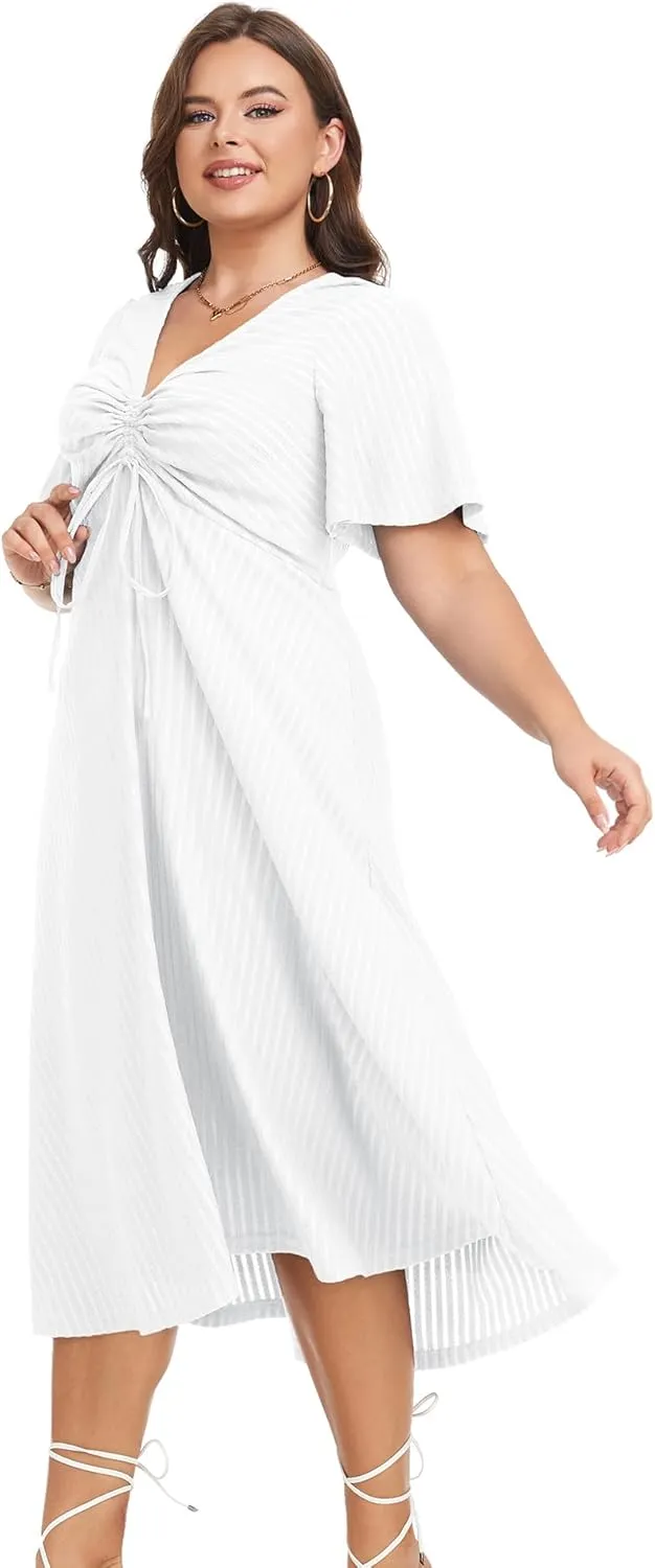 LALAGEN Womens Plus Size Boho Summer Midi Dress 2024 Flutter Short Sleeve Drawstring V Neck Flowy Beach Long Dress 1X-6X