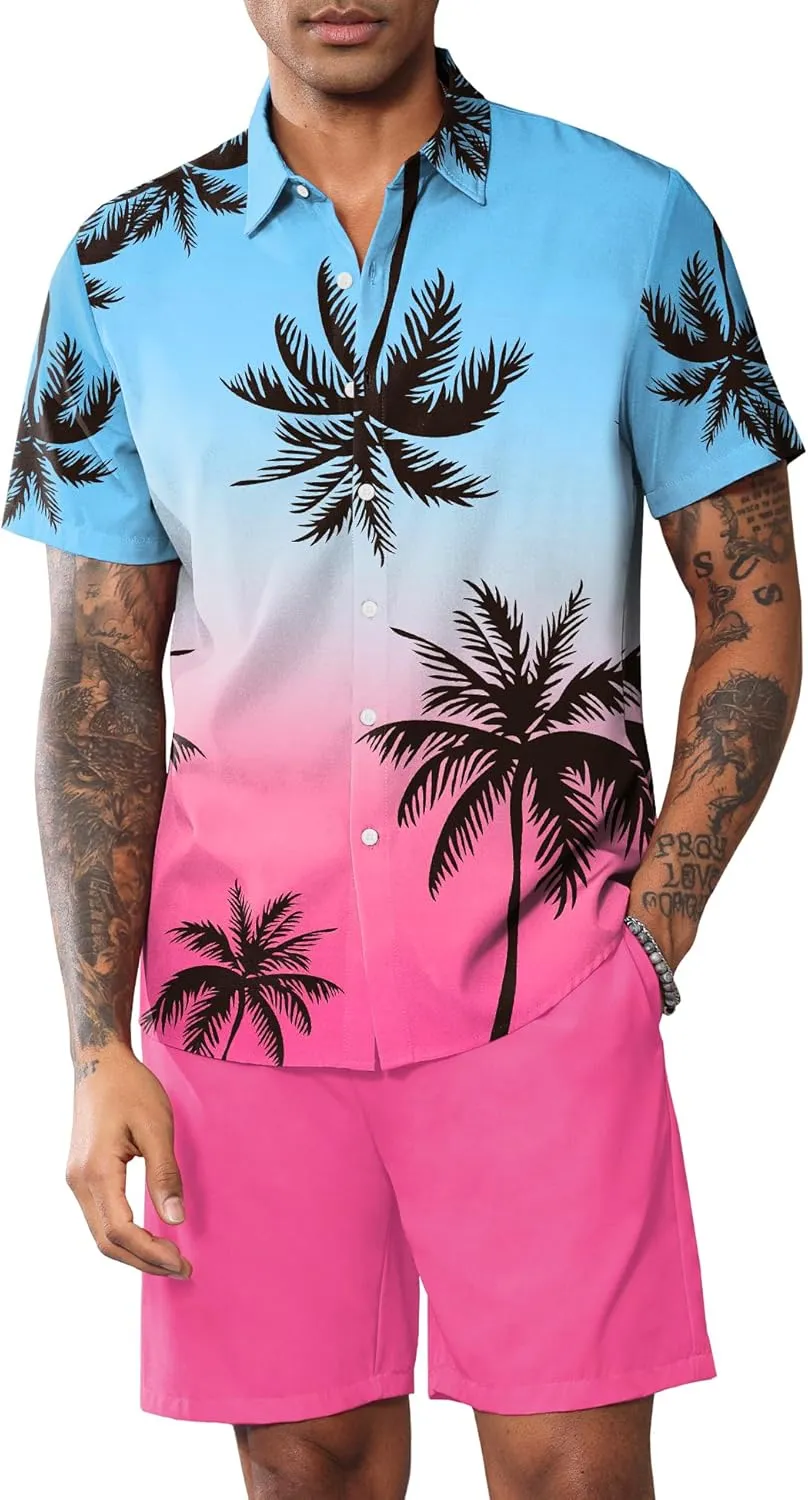 LecGee Mens Coconut Tree Hawaiian Sets Casual Short Sleeve Button Down Shirts Shorts 2 Piece Outfits Summer Tracksuit