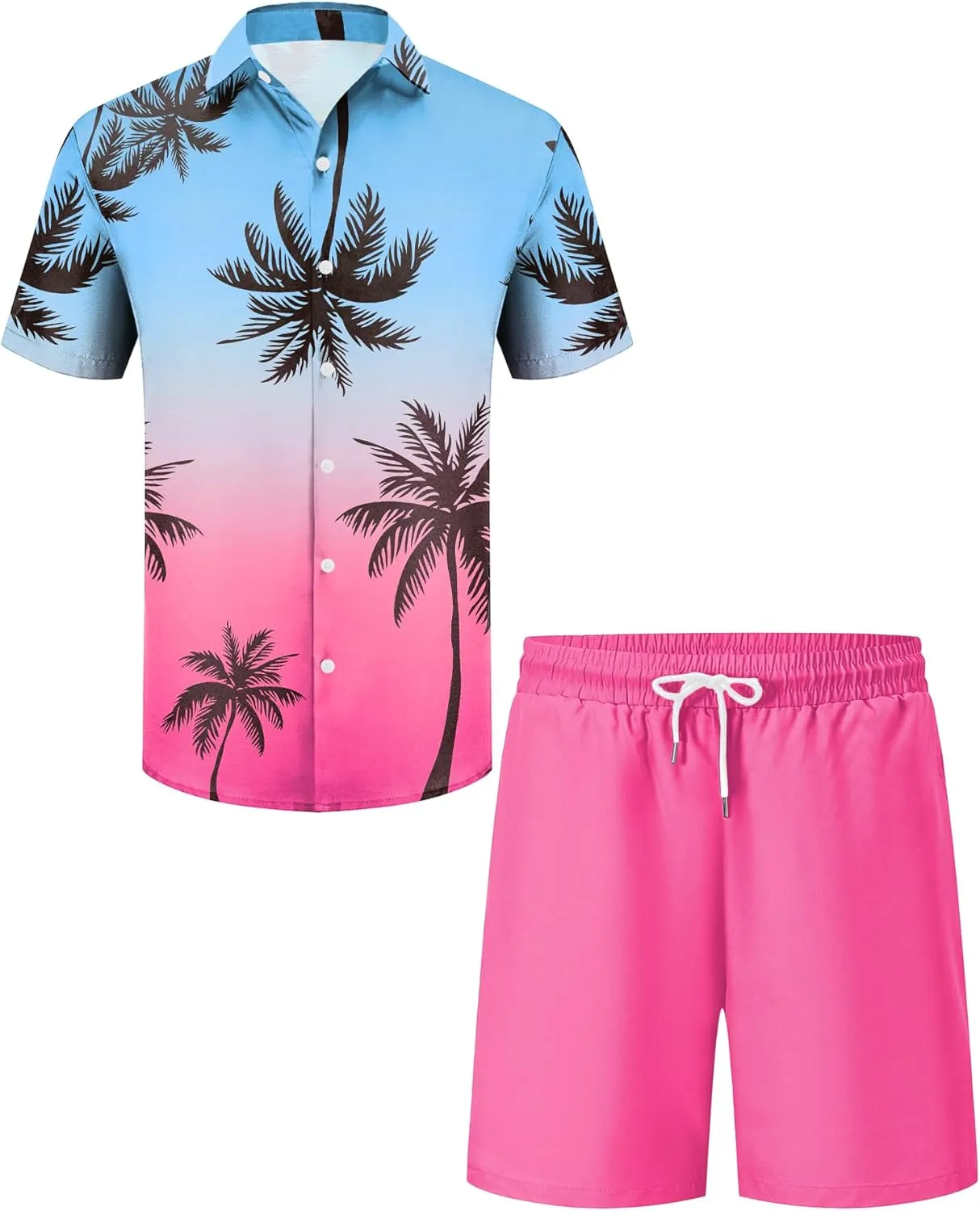 LecGee Mens Coconut Tree Hawaiian Sets Casual Short Sleeve Button Down Shirts Shorts 2 Piece Outfits Summer Tracksuit
