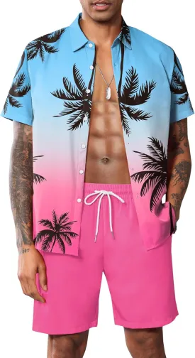 LecGee Mens Coconut Tree Hawaiian Sets Casual Short Sleeve Button Down Shirts Shorts 2 Piece Outfits Summer Tracksuit