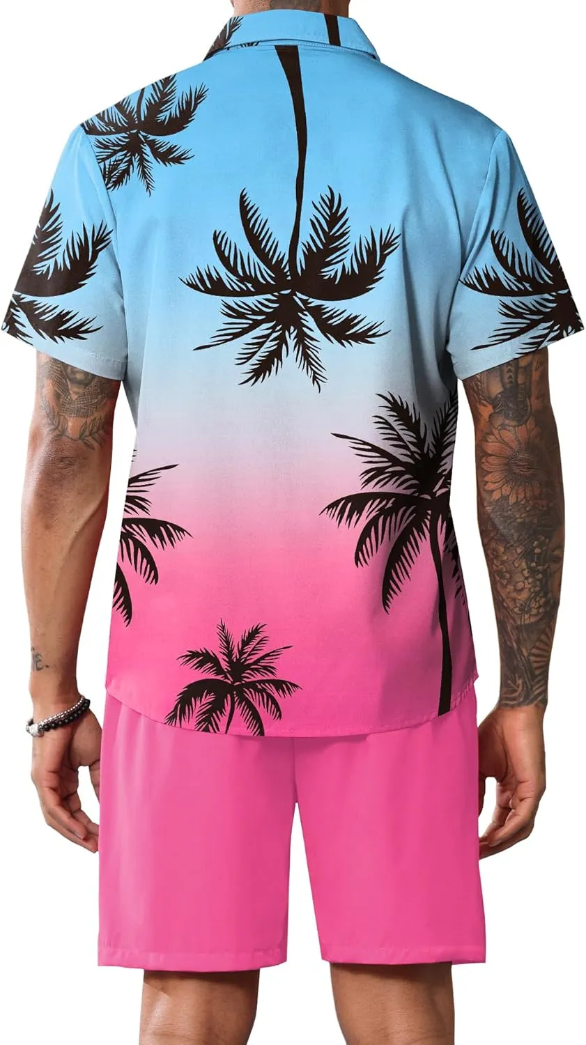 LecGee Mens Coconut Tree Hawaiian Sets Casual Short Sleeve Button Down Shirts Shorts 2 Piece Outfits Summer Tracksuit