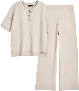LILLUSORY Lounge Sets for Women 2 Piece Casual Outfits Matching Sets Short Sleeve Cozy knit Tops and Elastic Waisted Pants