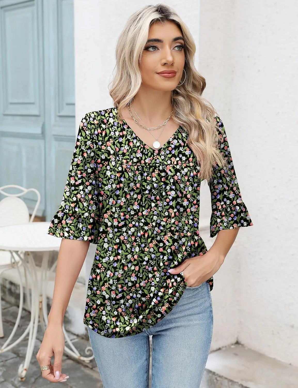 LOMON 3/4 Sleeve Tops for Women Summer Dressy Casual V Neck Shirts Ruffle Sleeve Loose Blouses