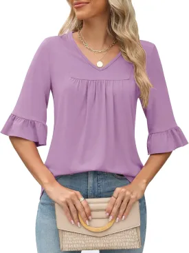 LOMON 3/4 Sleeve Tops for Women Summer Dressy Casual V Neck Shirts Ruffle Sleeve Loose Blouses