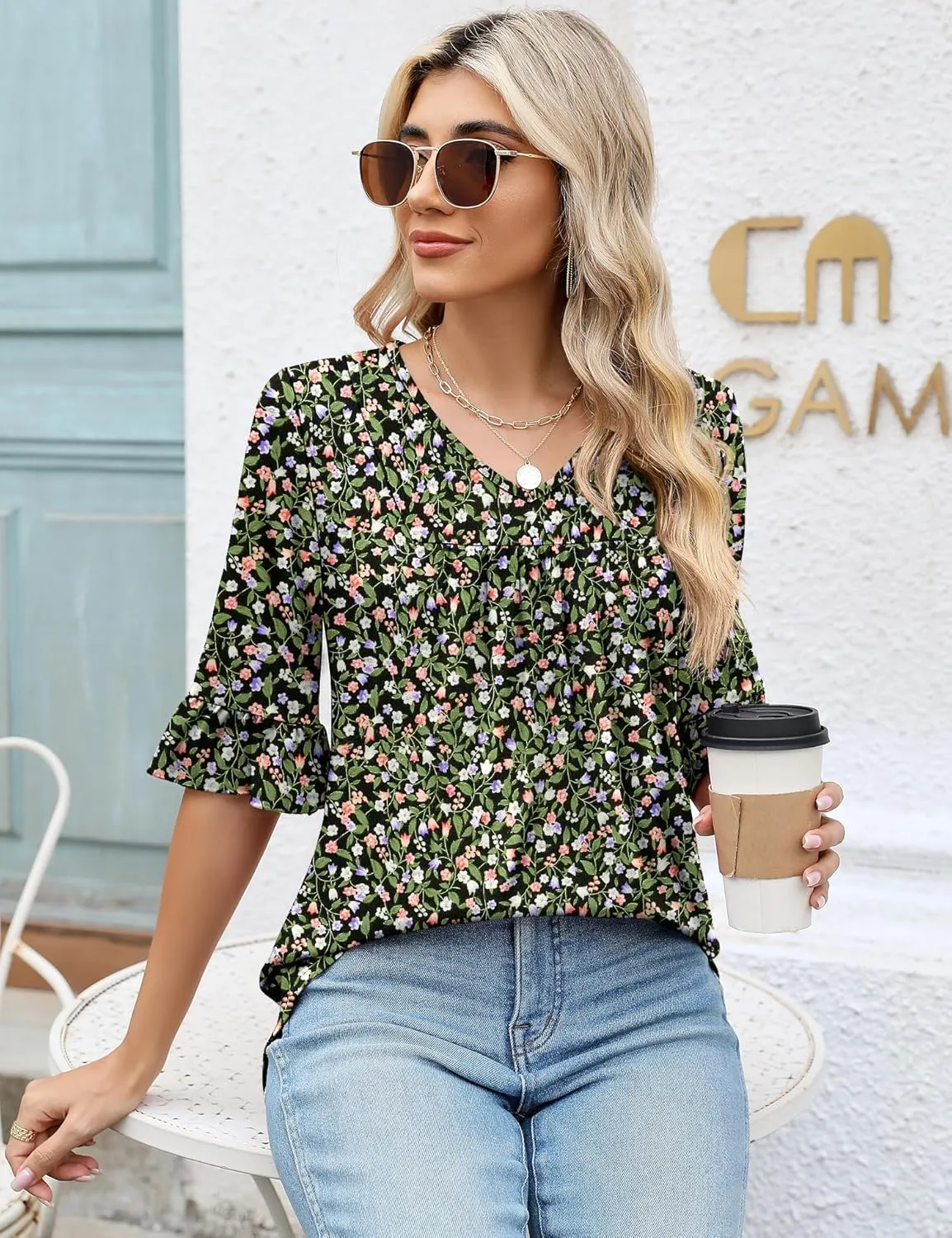 LOMON 3/4 Sleeve Tops for Women Summer Dressy Casual V Neck Shirts Ruffle Sleeve Loose Blouses